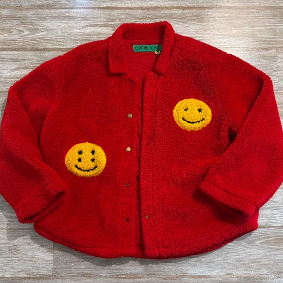 CPFM Red Fleece Jacket with Smiley Patches - Picture 1 of 5